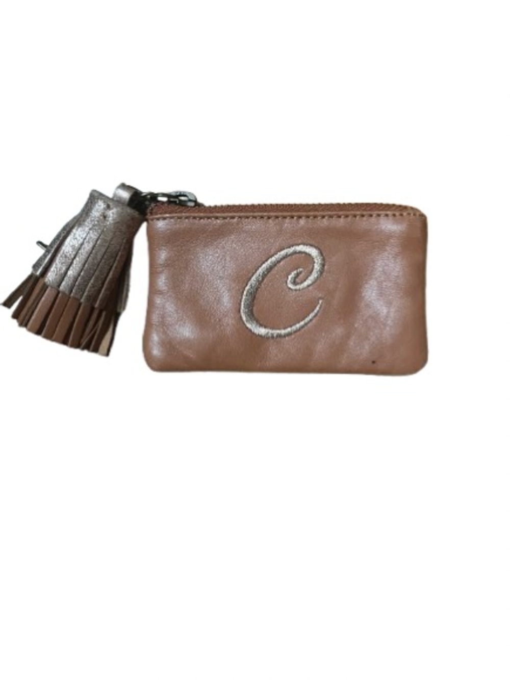 Miss Albright Leather Tassel Zipper Change Monogram Coin Pouch in Brown